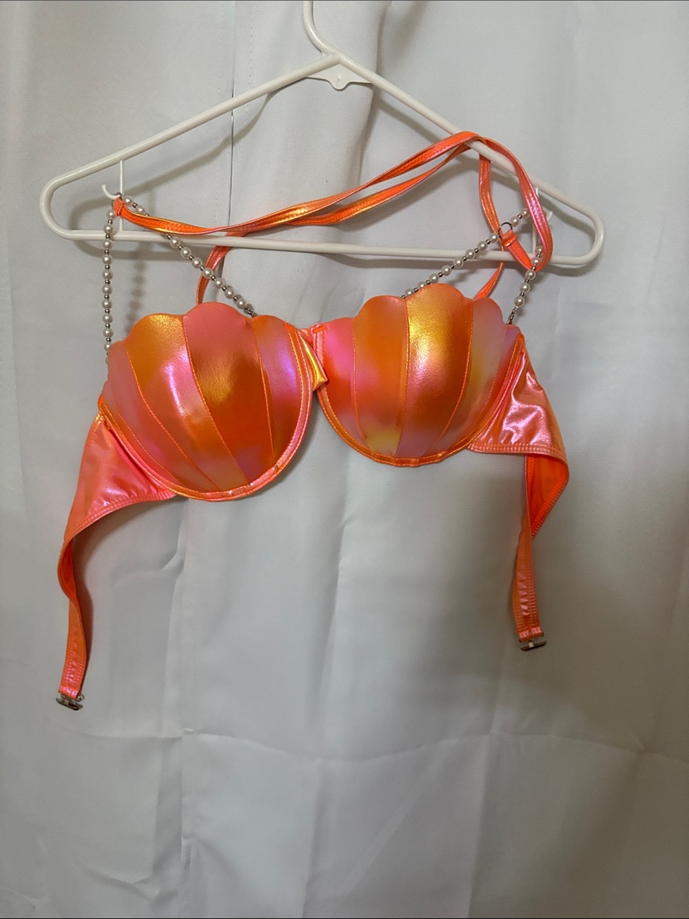 Iridescent Orange-Pink Shell Bra with Beaded Straps